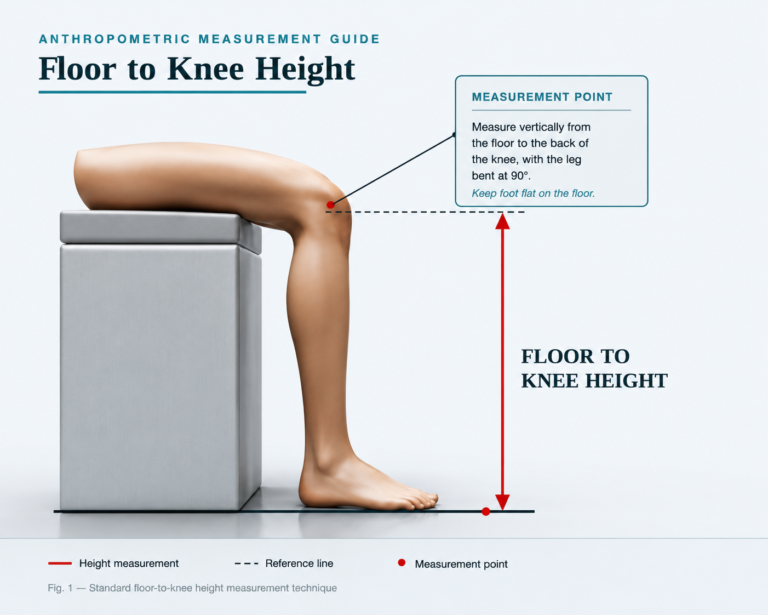 Seated, tape measured from top of the knee straight down to the floor