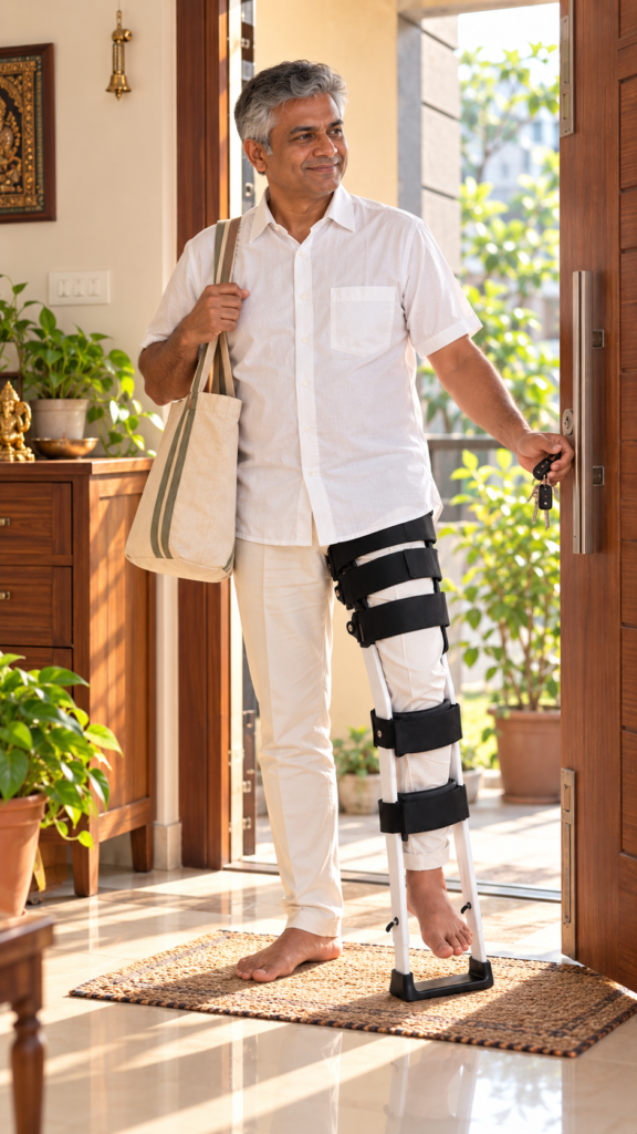 sunlit homecoming with leg brace